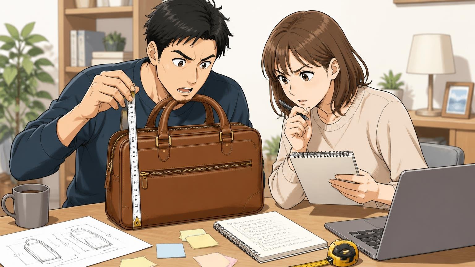 買う前に確認したい5つのチェックポイント 自宅の机でメモを取りながら革バッグのサイズを測る夫婦2人が真剣に話し合う場面
