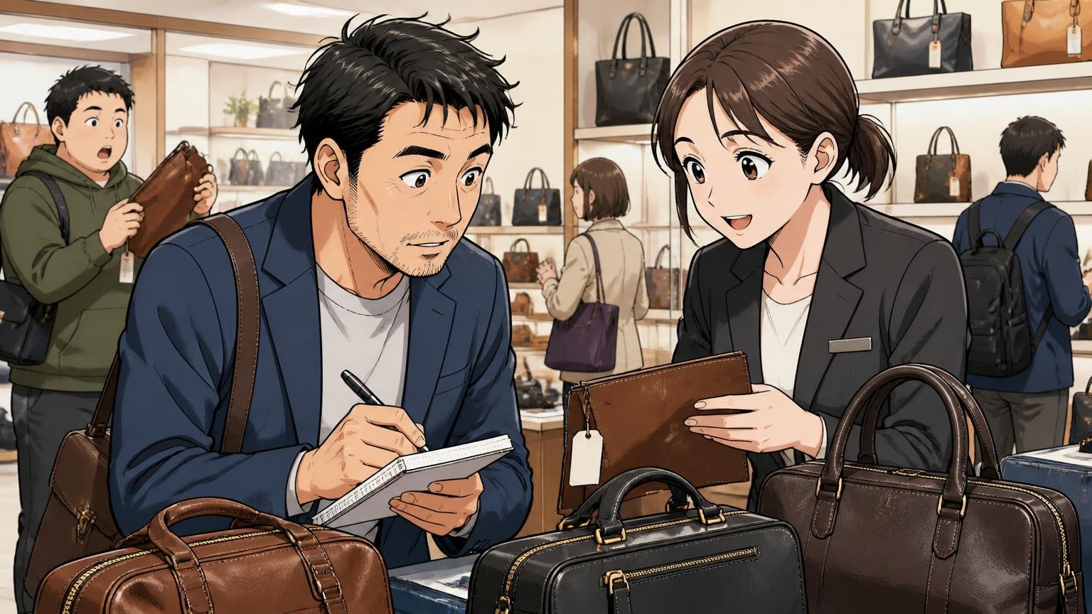 購入前に公式サイトと店舗で確認する5項目。鞄売場で店員に革の素材表示と保証について質問しメモを取る40代男性1人と店員1人