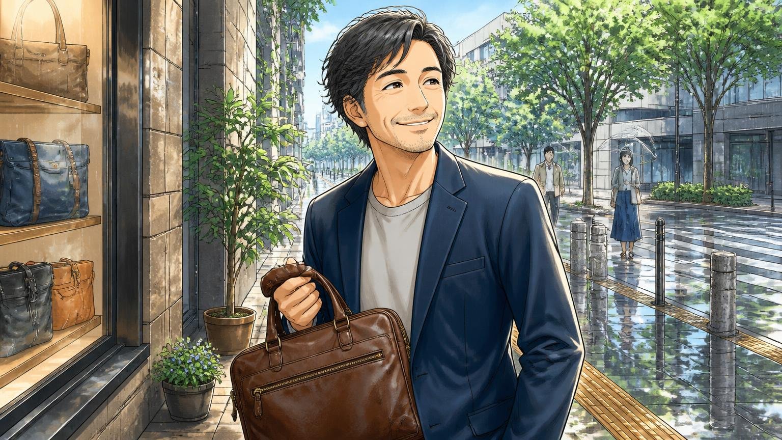 雨の日も一緒に歩ける1本を探す40代が候補に入れたい、日本製の革バッグブランド3選、雨上がりの街角で40代男性1人が革のバッグを手に笑う場面