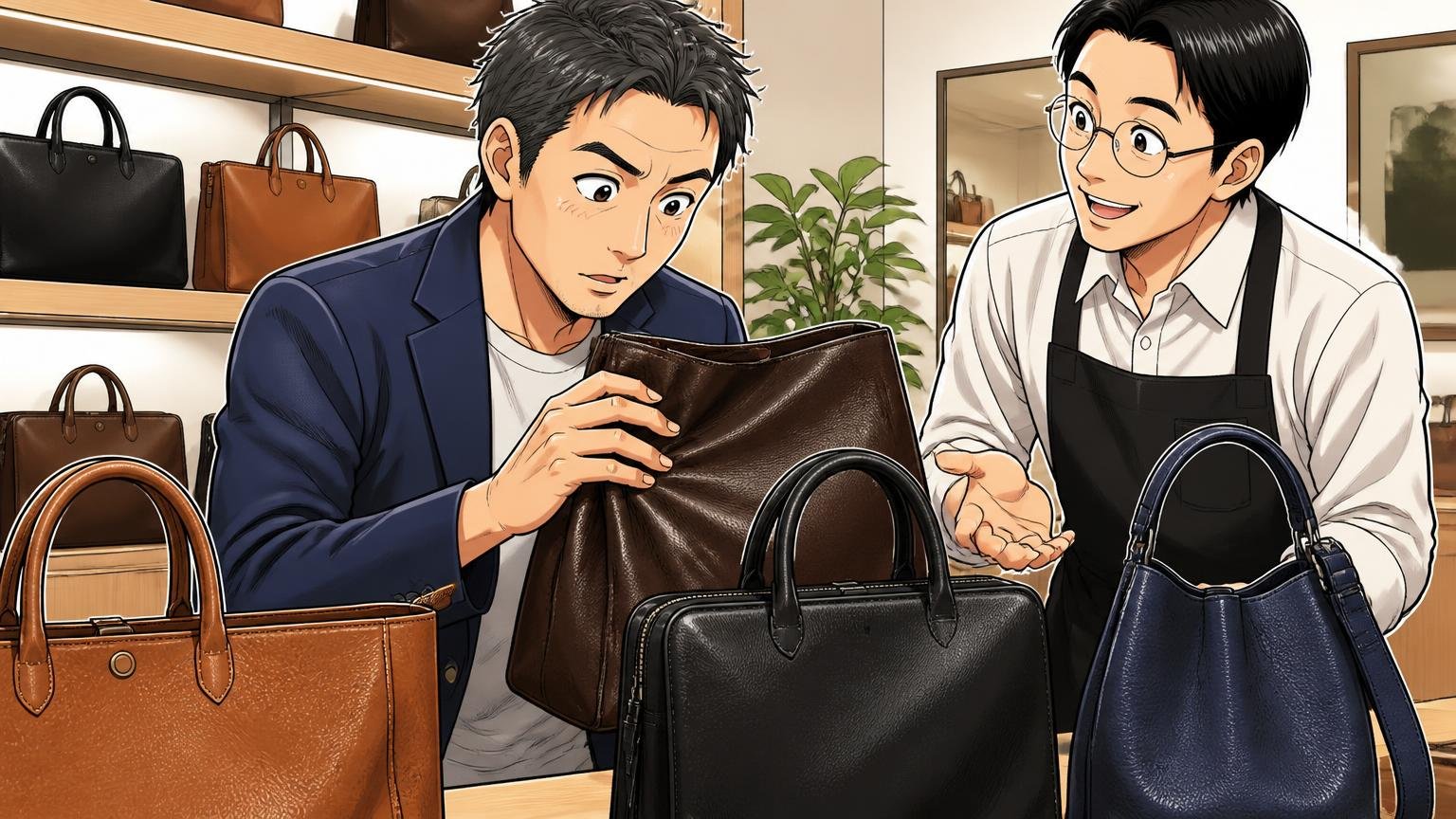 日本製ブランドを見比べる ショールームで店員と一緒に複数の革バッグの質感を確かめる40代男性1人