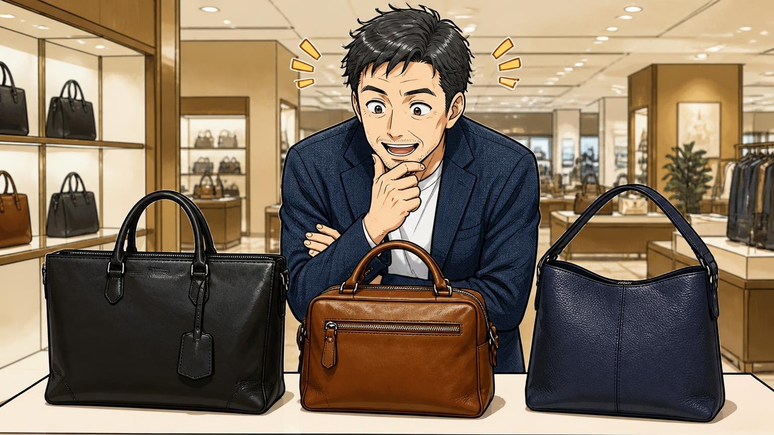 エルゴポックとアニアリで迷った40代が、同じ物差しで見比べたい日本製ブランド3選、百貨店で3つの革バッグを並べて満足そうに見比べる40代男性1人