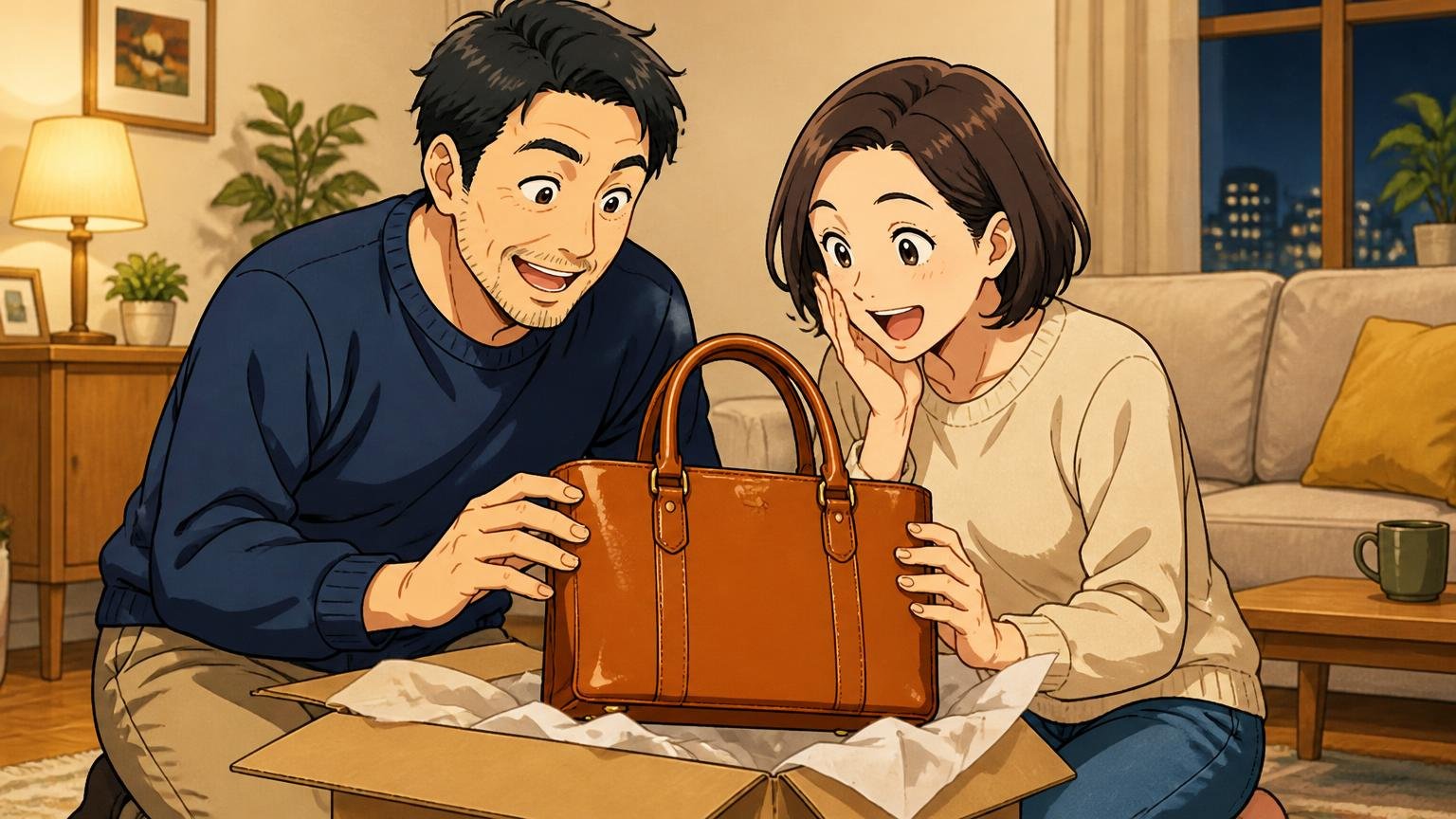 学生時代のバッグを卒業したい40代が候補に入れたい、日本製の革バッグブランド3選 夜のリビングで届いた革のバッグを40代夫婦2人が笑顔で見つめる場面