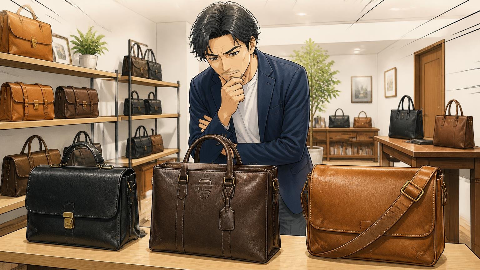 色より「素材と仕立て」で選びたい40代が、比較候補に入れておきたい日本製革バッグブランド3選、ショールームで革バッグを見比べる40代男性1人