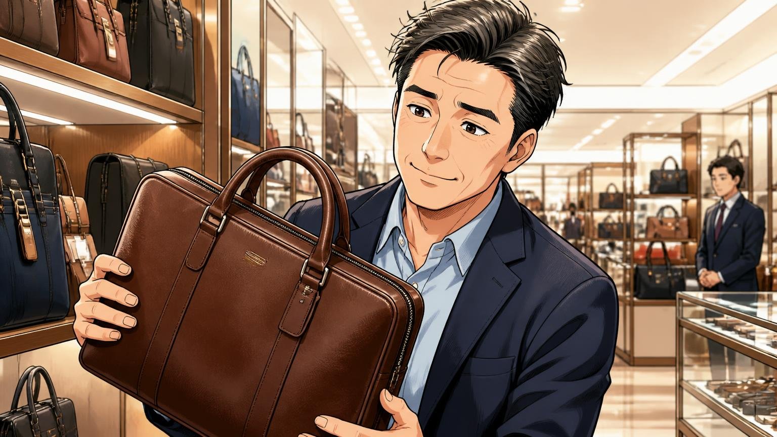日本製で、修理まで長く相談できる1本を選びたい40代へ|百貨店の鞄売り場で40代男性が革のビジネスバッグを手に取り満足げにうなずく場面