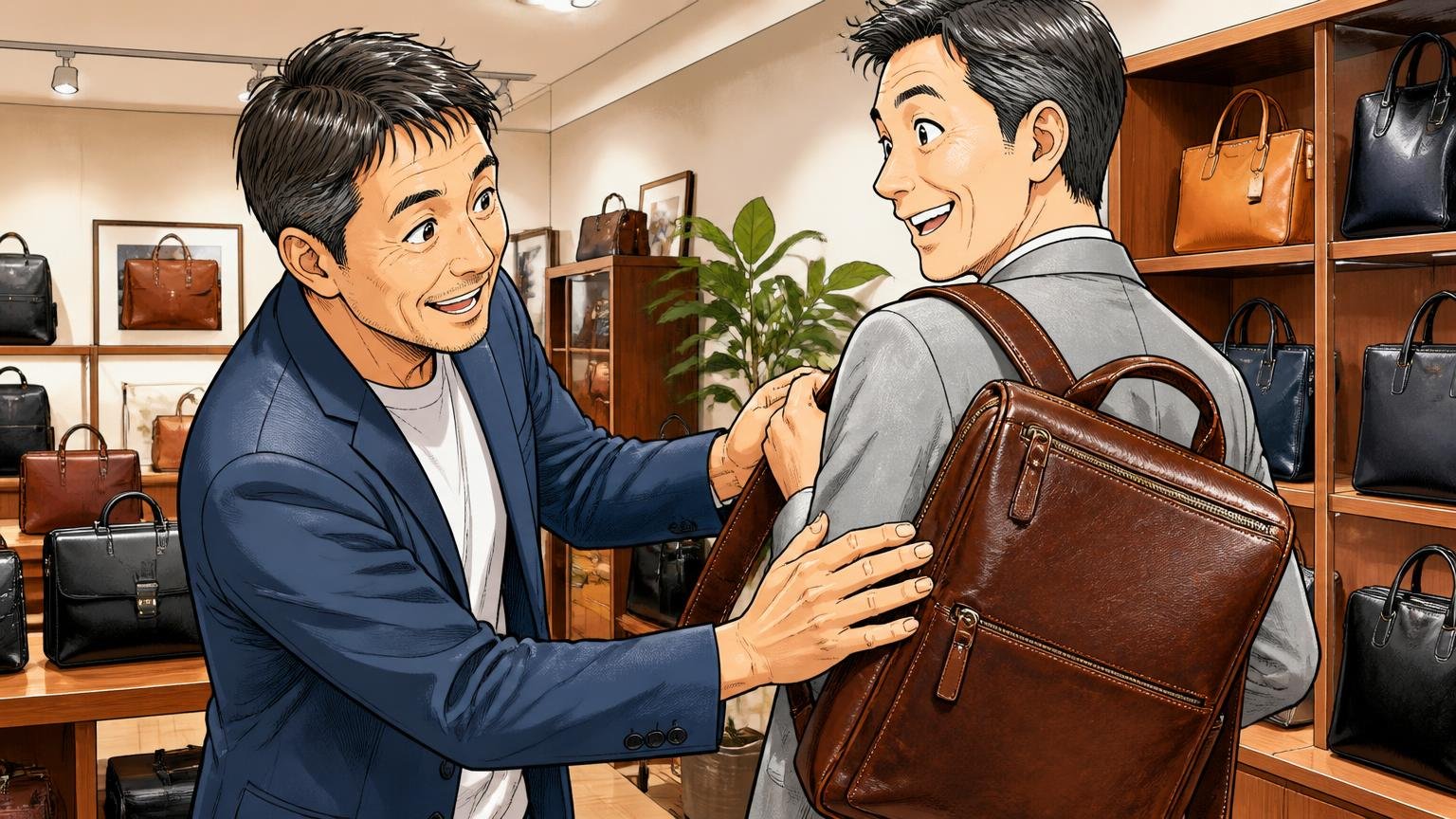 ステップ4:店頭やショールームで実物を背負って確かめるショールームで店員と革の質感を確かめながら鞄を肩に掛ける40代男性2人の場面