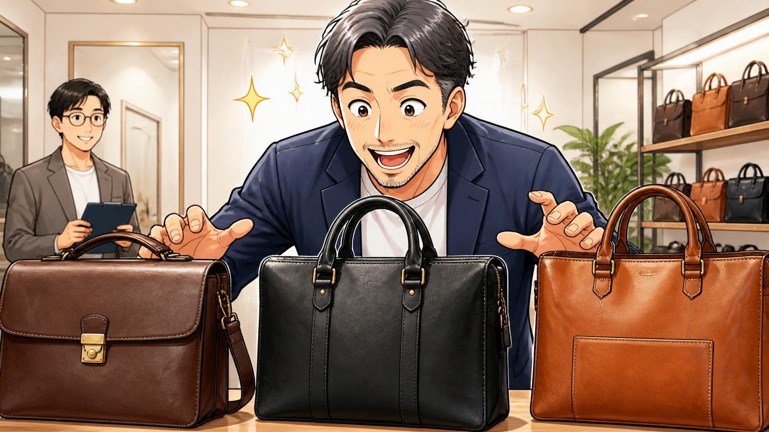 「自分には合わないかも」と感じた40代が比べたい、日本製のメンズ革バッグブランド3選 ショールームで3つの革バッグを比べる40代男性が目を輝かせる場面