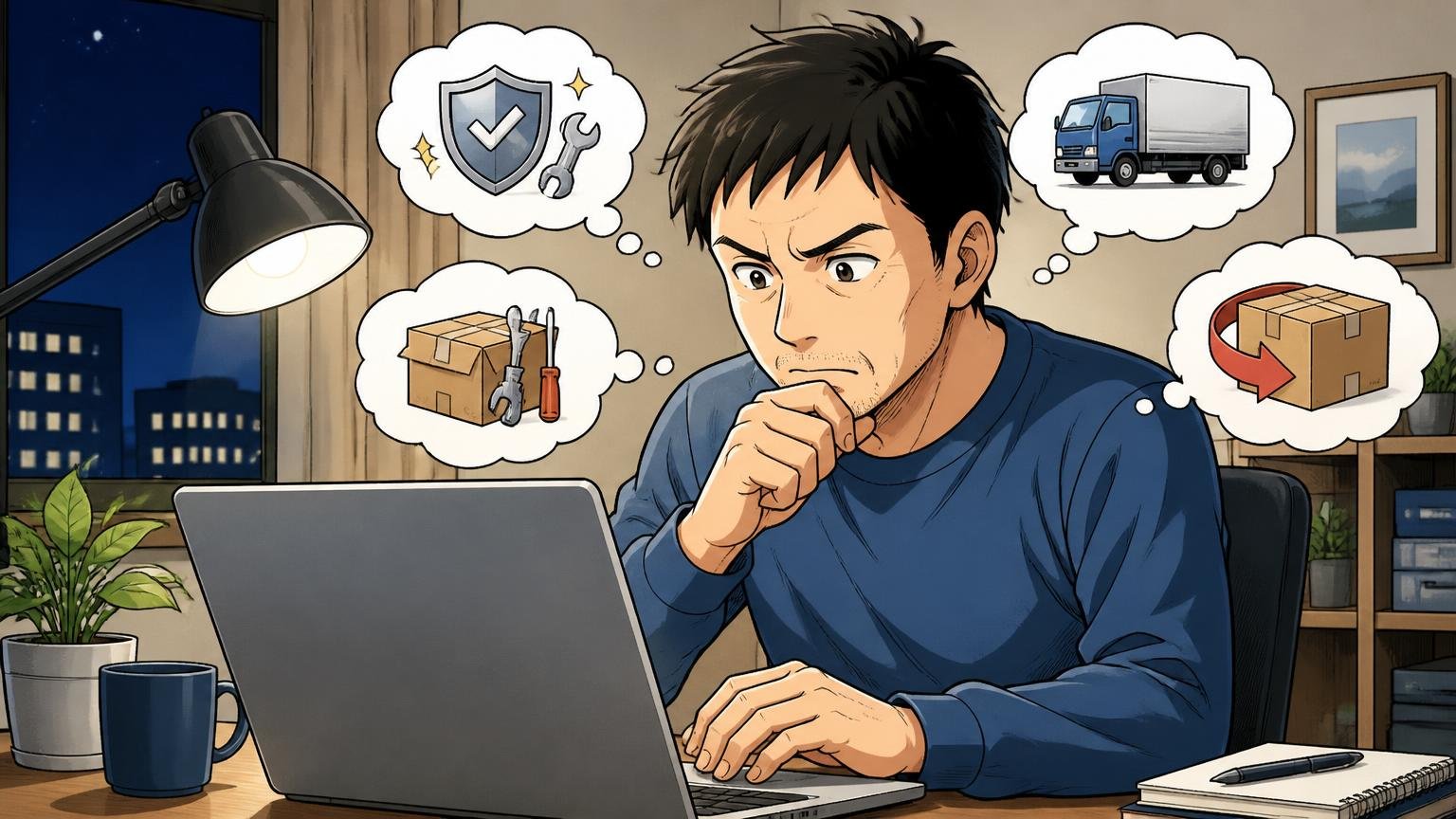 保証・修理・送料・返品の条件を確認する 夜の自宅で40代男性がパソコンで購入条件を一つずつ確認する場面