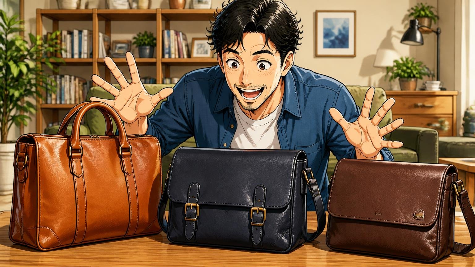 本革で10年付き合いたい40代が、ハミルトンの次に見比べたい日本製ブランド3選　自宅のリビングで3つの革バッグを並べて目を輝かせる40代男性1人