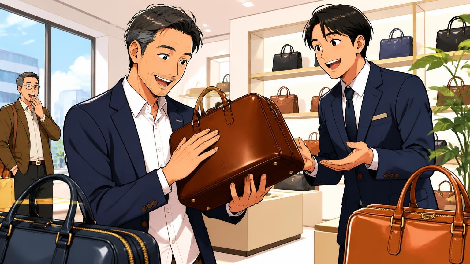 手入れを楽しめそうと思えた40代へ 明るいショールームで日本製の革ビジネスバッグを手に取り革の艶を確かめる40代男性と販売員の2人が笑顔