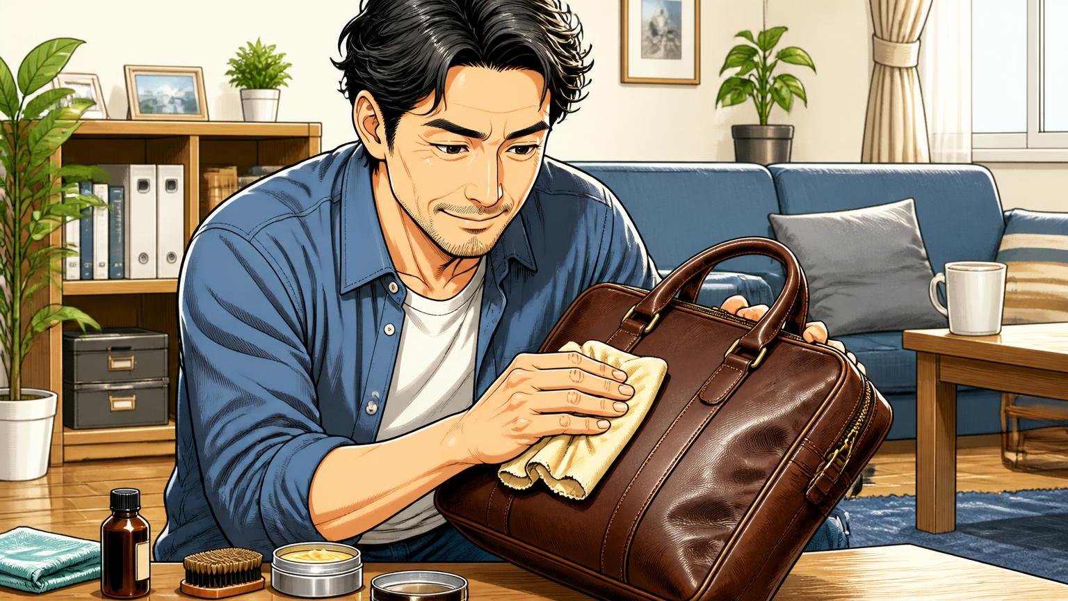 買ったあとの手入れで長持ちが決まる 休日のリビングで40代男性が柔らかい布で革バッグを丁寧に拭く場面