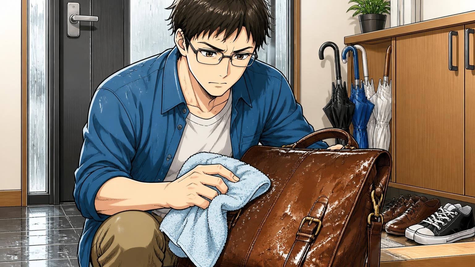 手入れと雨の日の扱いを知っておく 雨の日の玄関で濡れた革バッグをタオルで優しく拭く男性
