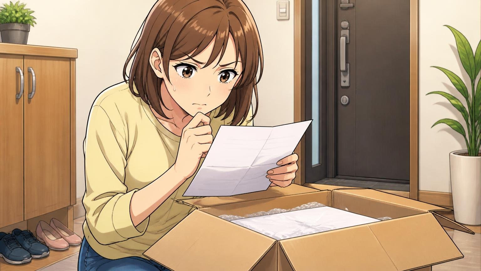 修理期間と返品条件を知っておく 自宅の玄関で配送の段ボールを前に返品条件の紙を読む30代女性1人が真剣な表情の場面