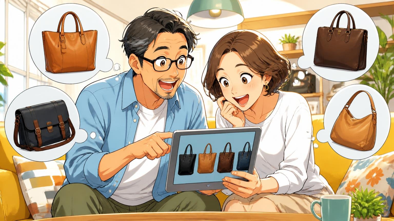 最初の1本で失敗したくない人が見比べたいブランド 休日の自宅のソファでタブレットに並ぶ革バッグを見比べる40代夫婦の2人がわくわくした表情