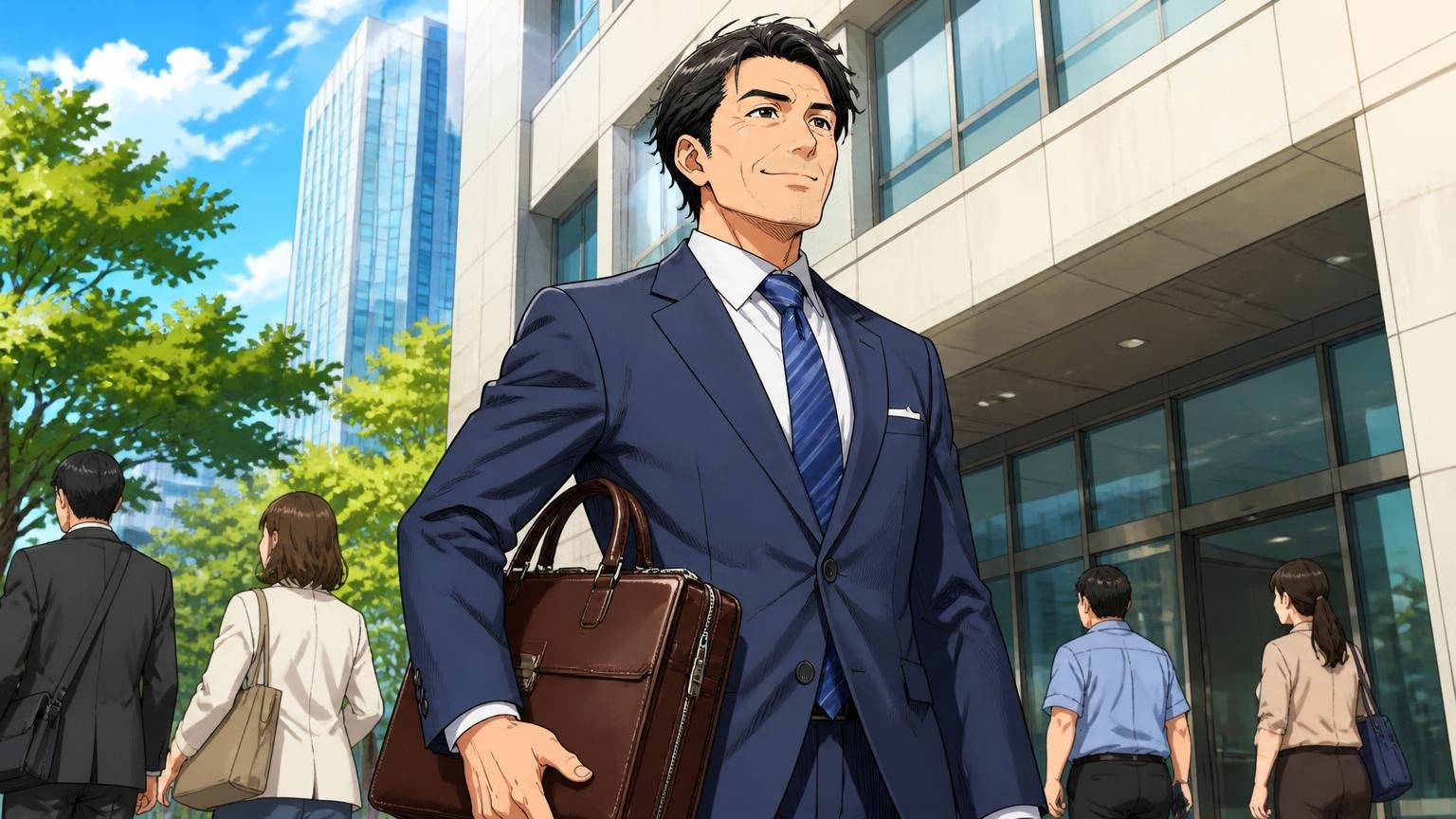 土屋鞄のビジネスバッグが向いている人 朝のオフィスビルの前で革のブリーフケースを手に胸を張って歩く40代男性1人が晴れやかな表情の場面
