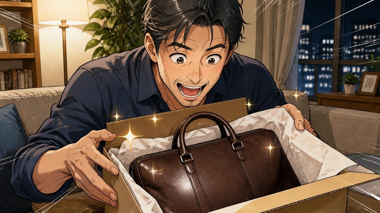 評判を調べ尽くして「次はスーツの1本」と決めた人へ、日本製の革バッグブランド3選　夜のリビングで40代男性が届いた革のバッグの箱を開けて目を輝かせる場面