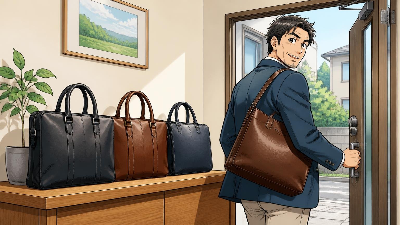 仕事用の革バッグで迷ったら日本製の3ブランドから見比べよう、自宅の玄関で40代男性が新しい革のビジネスバッグを肩にかけて出かける場面