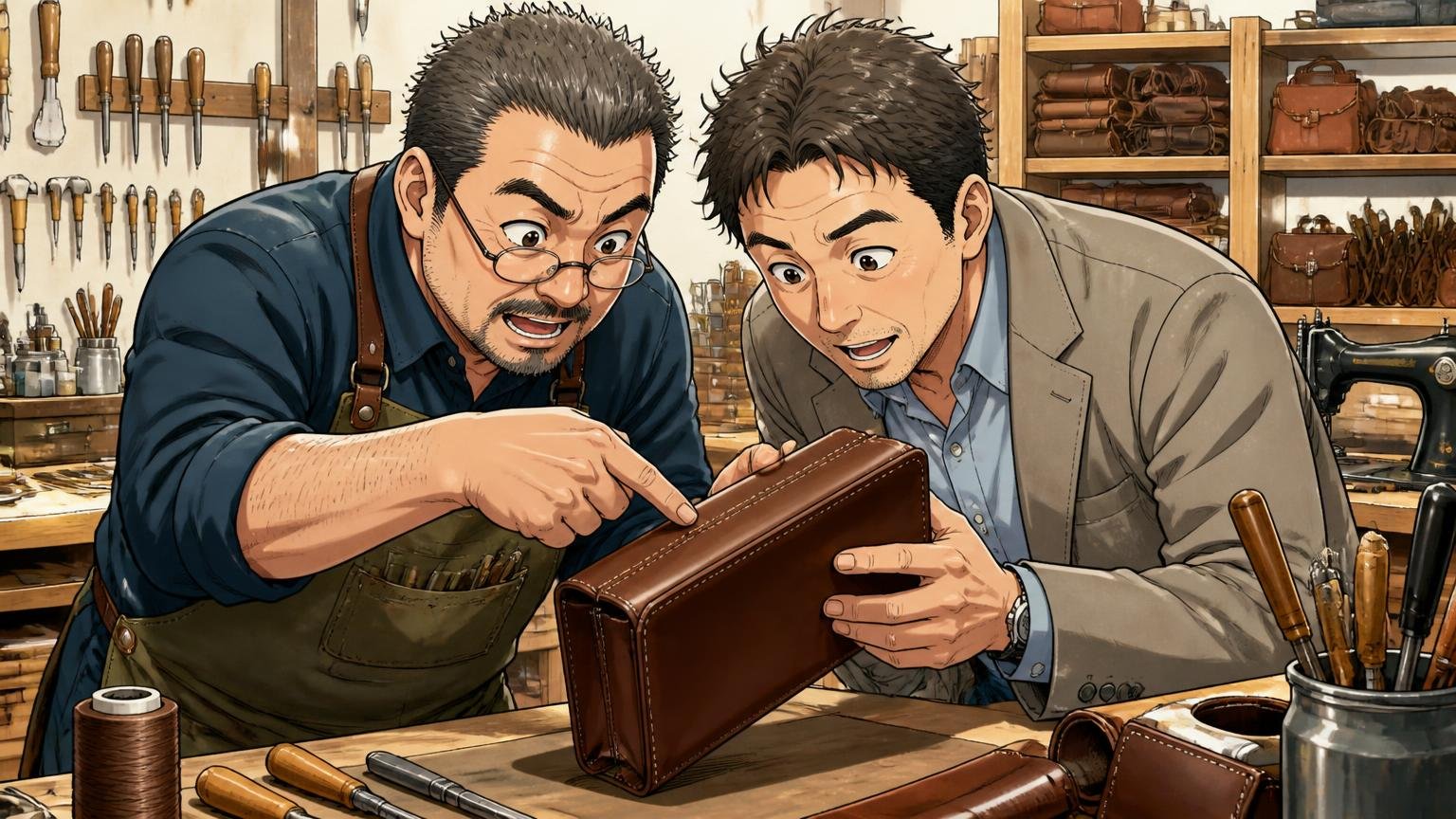 ブランド名より「誰が、どこで、どう仕立てたか」を見る 革工房の作業台で職人と40代男性客の2人が縫い目をのぞき込む場面