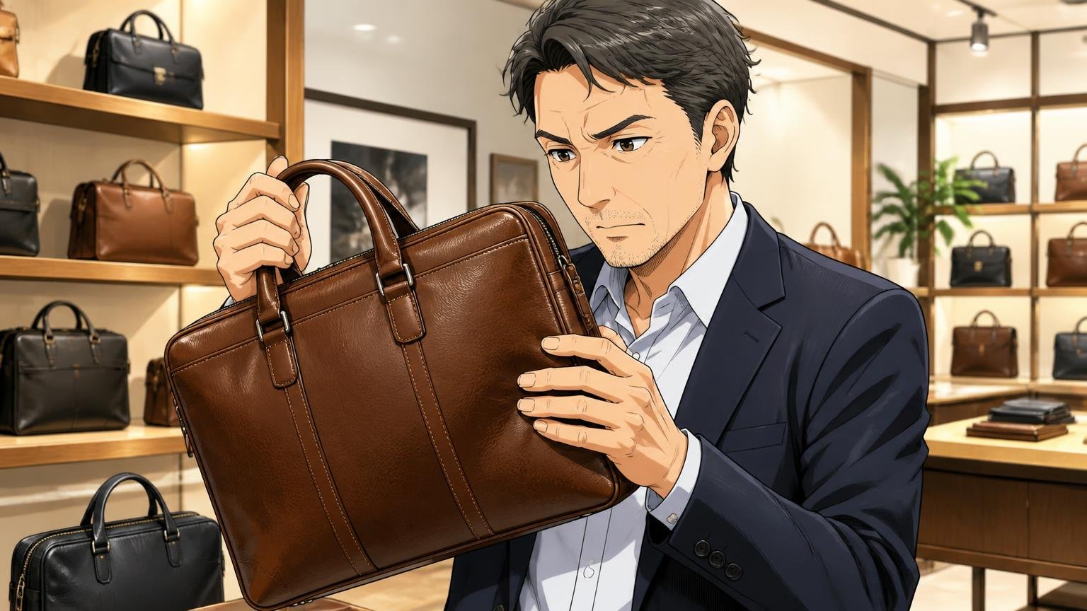 同じ5万円前後なら「日本製の本革」も比較候補に入れる ショールームで革のビジネスバッグを手に取り質感を確かめる40代男性1人の場面