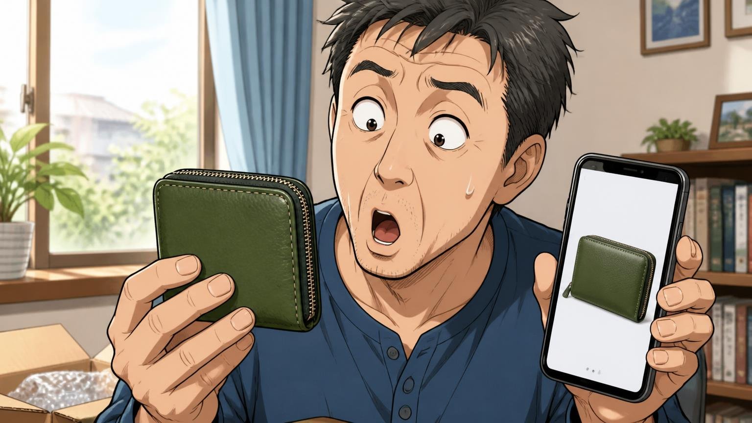 画面の色・サイズ・硬さは実物とズレることがある 自宅の窓際で届いたグリーンの革財布をスマホの商品画像と並べて色の違いに目を丸くする50代男性1人