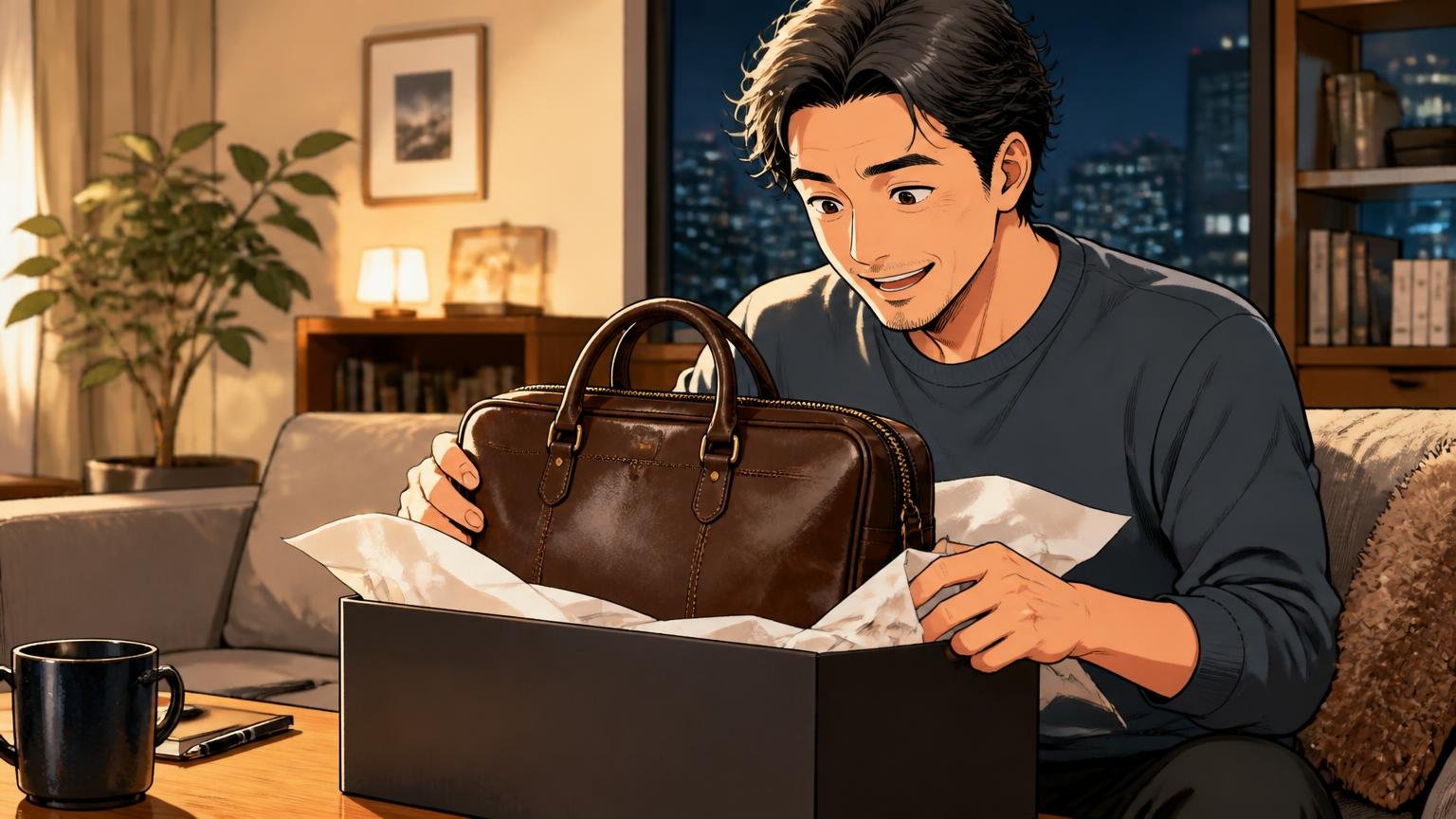 評判を調べ尽くした40代が最終候補に残す、日本製・メンズ革バッグブランド3選 夜のリビングで届いた革バッグの箱を開け微笑む男性1人