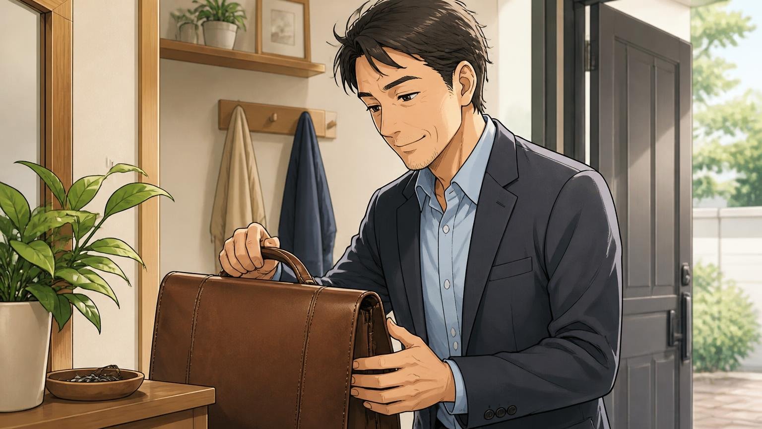 向いている人｜ロゴではなく革と縫い目で語りたい40代。朝の玄関でロゴのない革のブリーフケースを手に取る40代男性1人が穏やかに微笑む場面