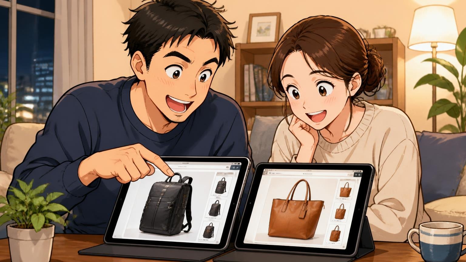 10年後に「選んでよかった」と思える1本を公式サイトで見比べる、夜のリビングでタブレットを並べてバッグを見比べ笑顔になる夫婦2人