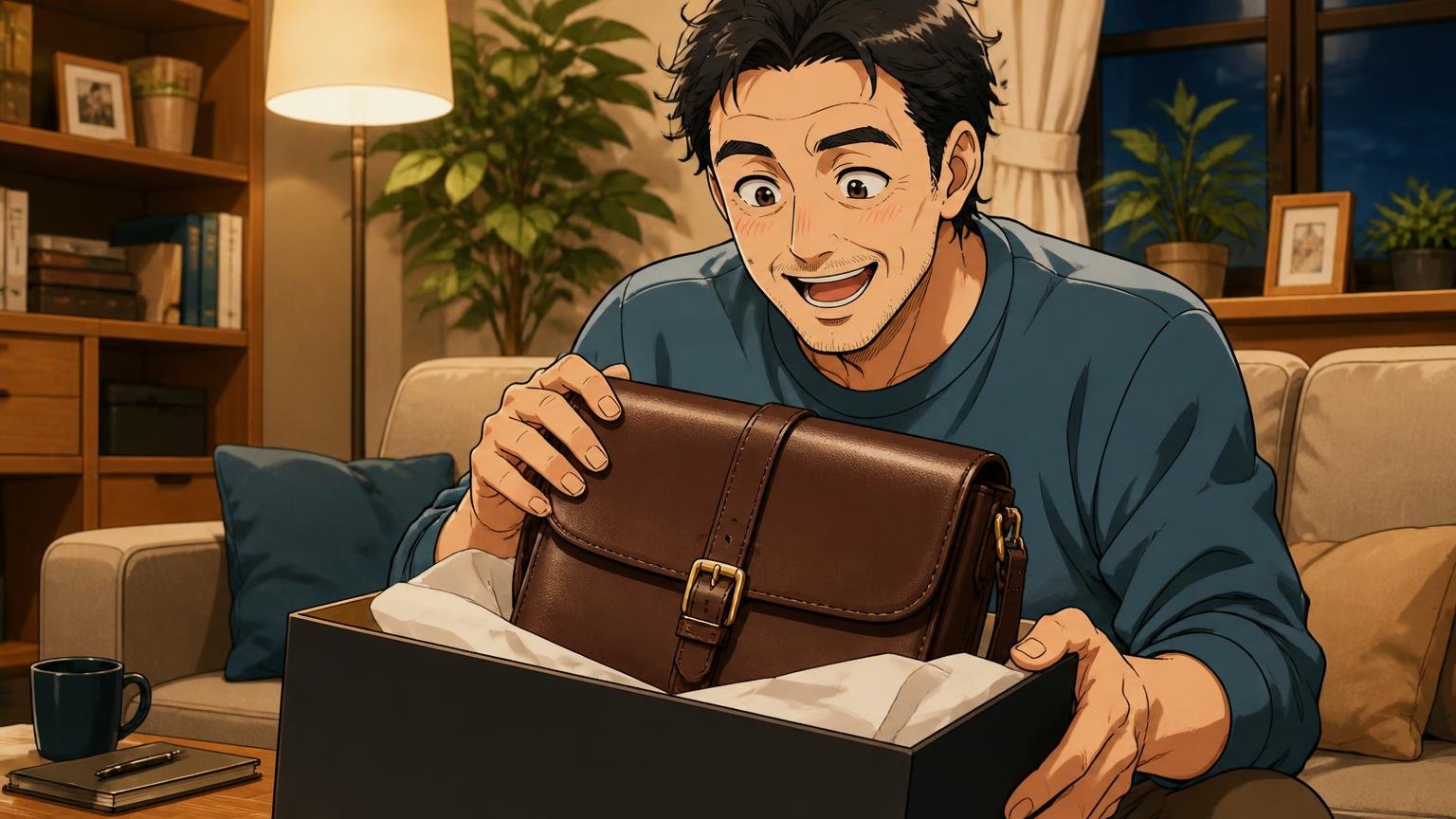 評判を調べ尽くした40代が、最後に見比べておきたい日本製の革バッグブランド 夜のリビングで届いた革バッグの箱を開ける40代男性1人が顔をほころばせる場面