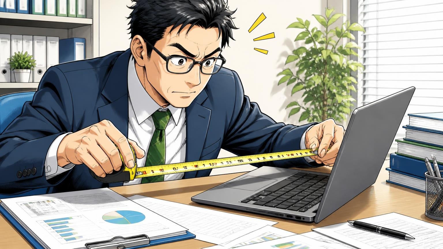 STEP1 用途とパソコンのサイズを先に決める。オフィスのデスクで40代男性がノートパソコンと書類を並べ、メジャーで測る場面