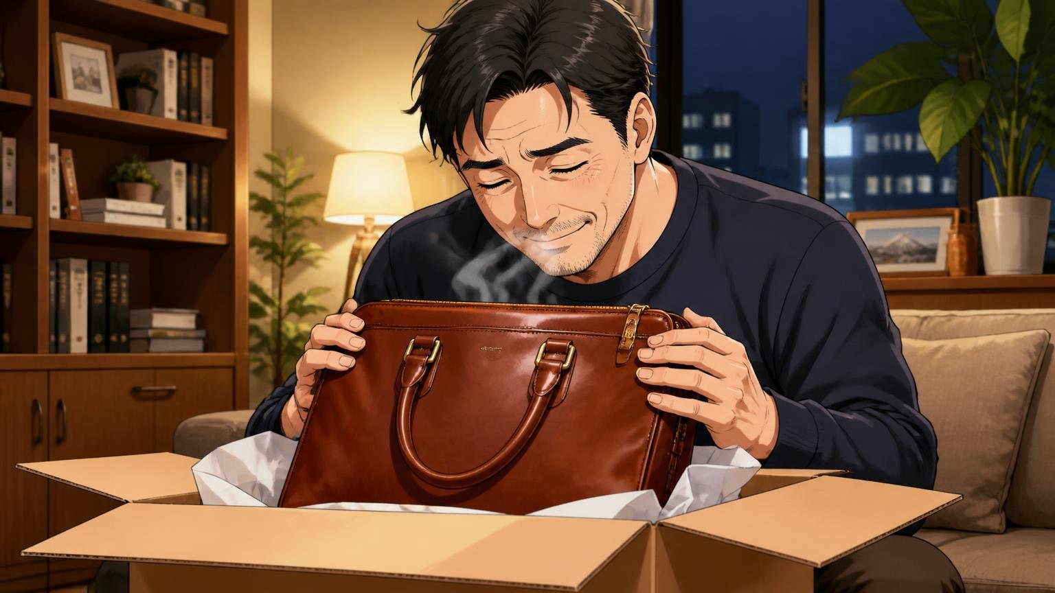 評判を調べ尽くした40代が最終候補に残したい、日本製メンズ革バッグブランド3選 夜のリビングで40代男性が届いた革バッグの箱を開けて革の香りに目を細める場面