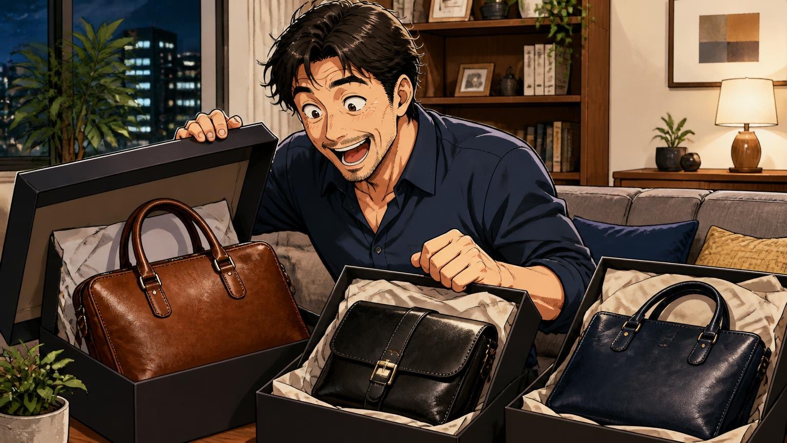 評判を比べ尽くした40代が、最後に見比べておきたい日本製メンズ革バッグブランド3選 夜のリビングで革バッグの箱を開け目を輝かせる40代男性1人