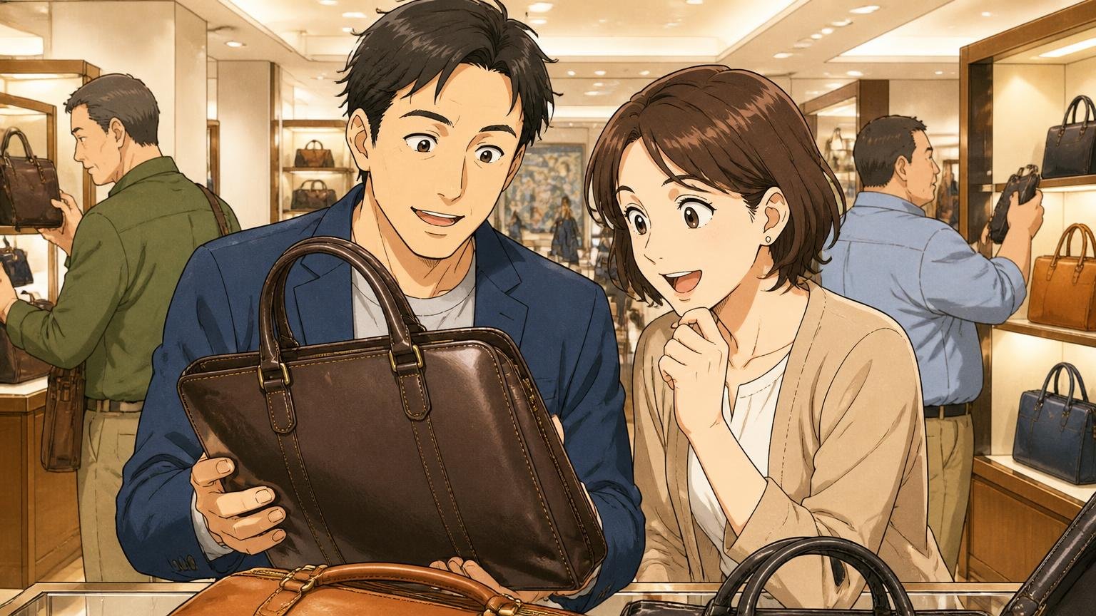カルバンクラインと迷ったら比べておきたい、日本製のメンズ革バッグブランド3選 百貨店の鞄売り場で日本製の革バッグを手に取り革の艶を確かめる夫婦2人の場面