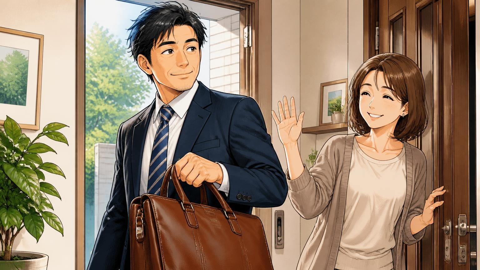 10年先も「買ってよかった」と思いたい40代へ日本製の革ビジネスバッグブランド3選 朝の玄関で革のバッグを手に出かける場面 40代男性1人と見送る妻1人が笑顔
