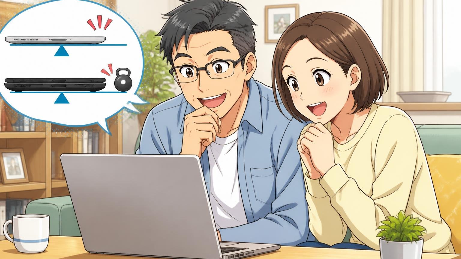 毎日持ちたくなる1本を、重さとサイズで見比べてみよう、自宅のリビングでノートPCの公式サイトを見る場面、40代夫婦2人が笑顔でうなずく