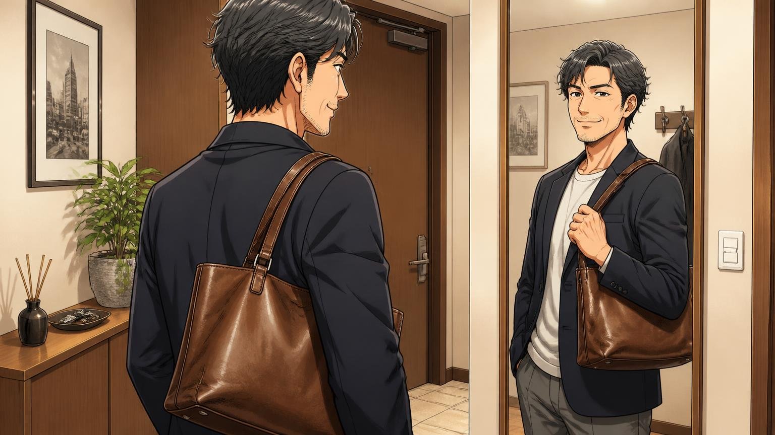 アニアリが合うか迷ったら、日本製・40代向けのこの3ブランドも見比べてみよう 夕暮れの玄関で新しい革のバッグを肩にかけて鏡に映る姿に満足そうに笑う40代男性1人