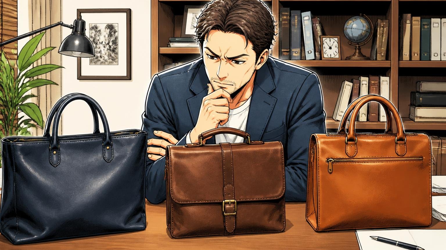 評判を調べ尽くした40代が最終候補に残したい、日本製メンズ革バッグブランド3選、書斎のデスクで日本製の革バッグ3つを並べて真剣に見比べる40代男性1人