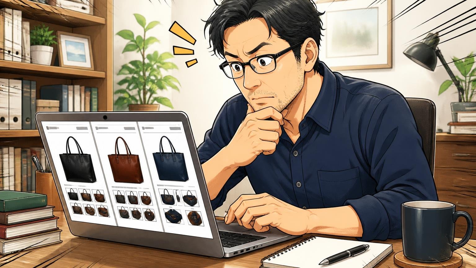 長く付き合える仕事用の革トートを探しているなら、日本製3ブランドを見比べてから決めよう 自宅の書斎で40代男性がノートPCで3つのブランドサイトを見比べる場面