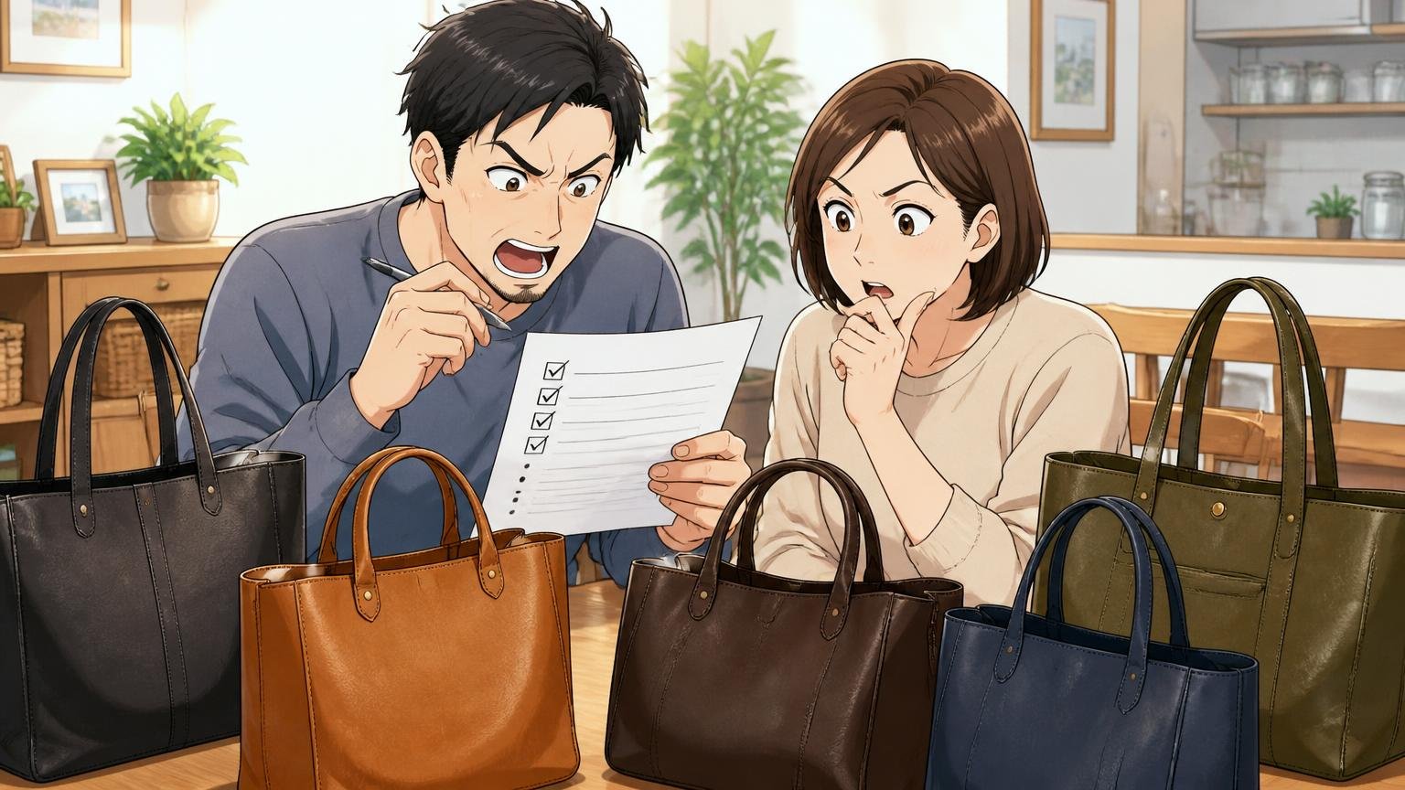 用途・シリーズ・色・持ち手・保証の5点をチェック自宅のダイニングでメモを見ながら革トート選びを相談する夫婦2人