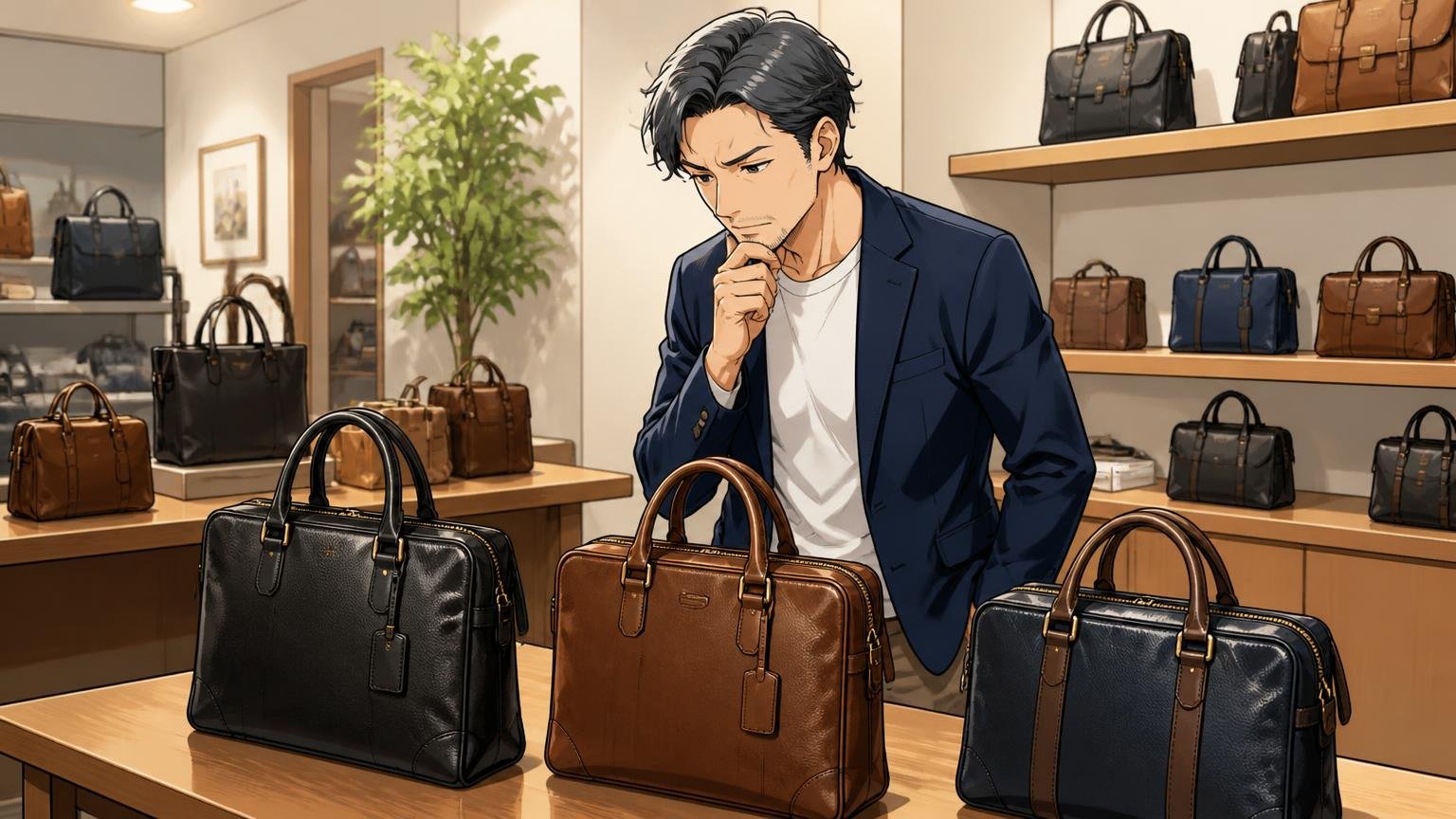 評判を調べ尽くしたあなたが、最後に見比べておきたい日本製メンズ革バッグブランド3選 ショールームで革のバッグを見比べる40代男性1人