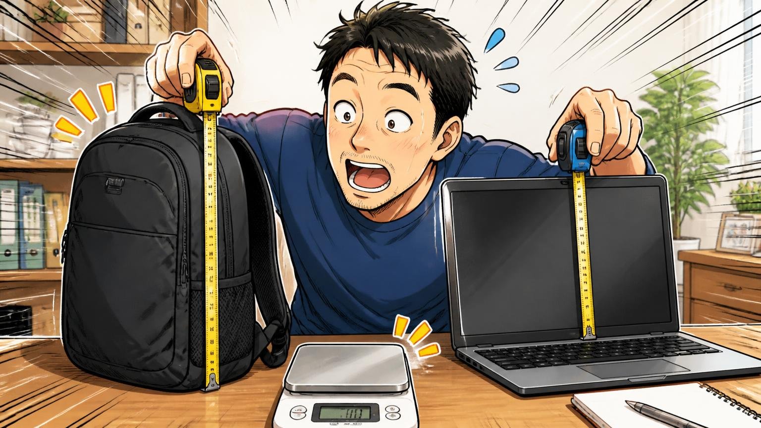 モデルの「重さ・容量・PCサイズ」を数字で比べる 自宅のデスクでPCとリュックをメジャーで測る40代男性1人の場面