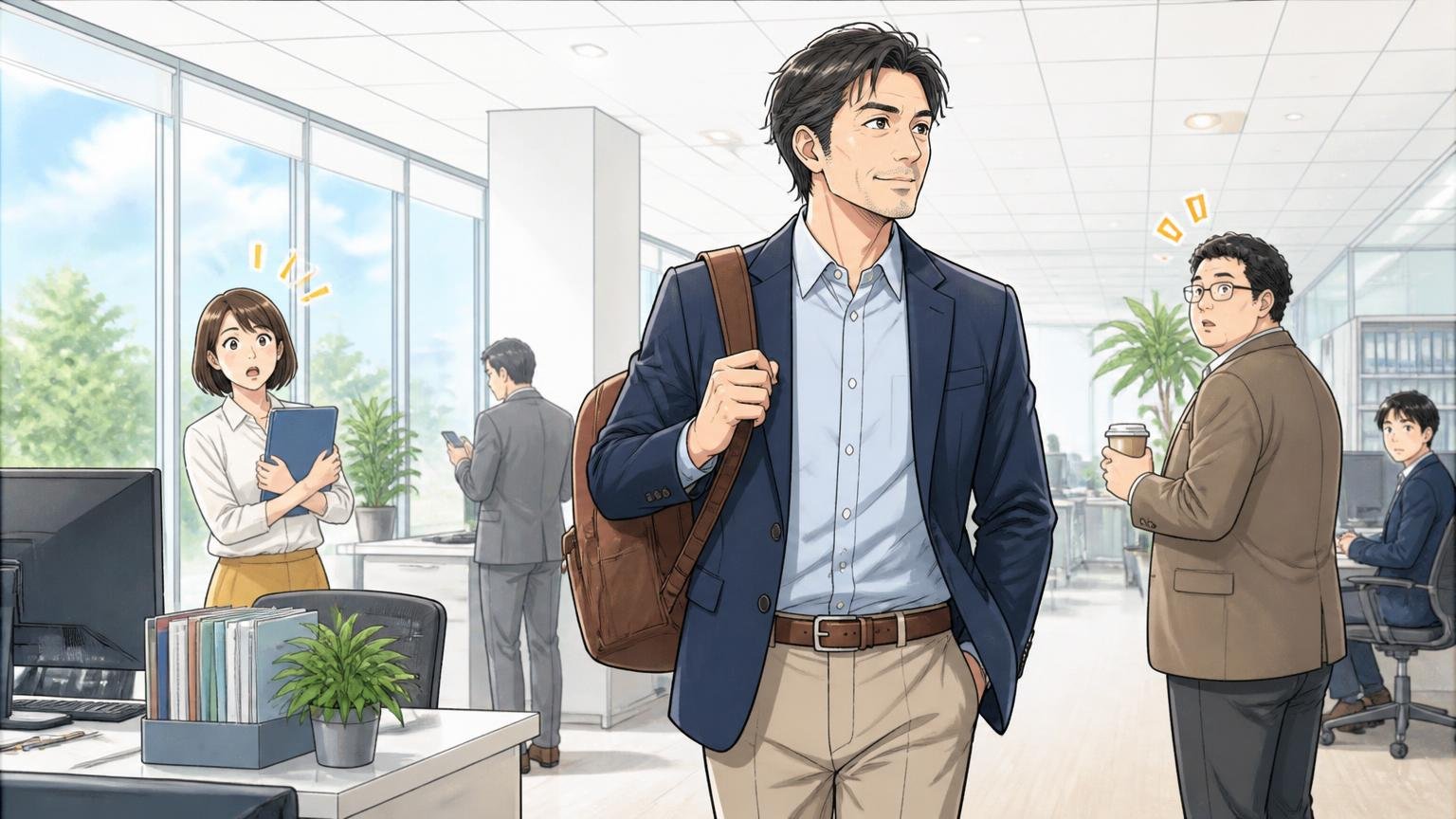 向いている人は私服・オフィスカジュアル中心の人、明るいオフィスでジャケット姿の40代男性1人が革のリュックを背負い颯爽と歩く場面