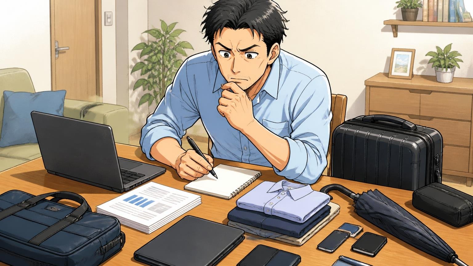 通勤出張休日のどれで何を入れるかを書き出す、自宅のテーブルにPCや書類や傘を並べてメモを取る40代男性が考え込む場面