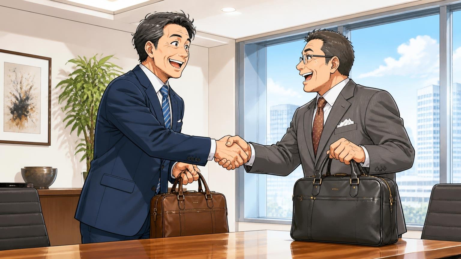 リュックだけでは埋まらない「40代の仕事の場面」、明るい商談ルームで40代男性と取引先の2人が革のバッグを手に握手を交わす場面
