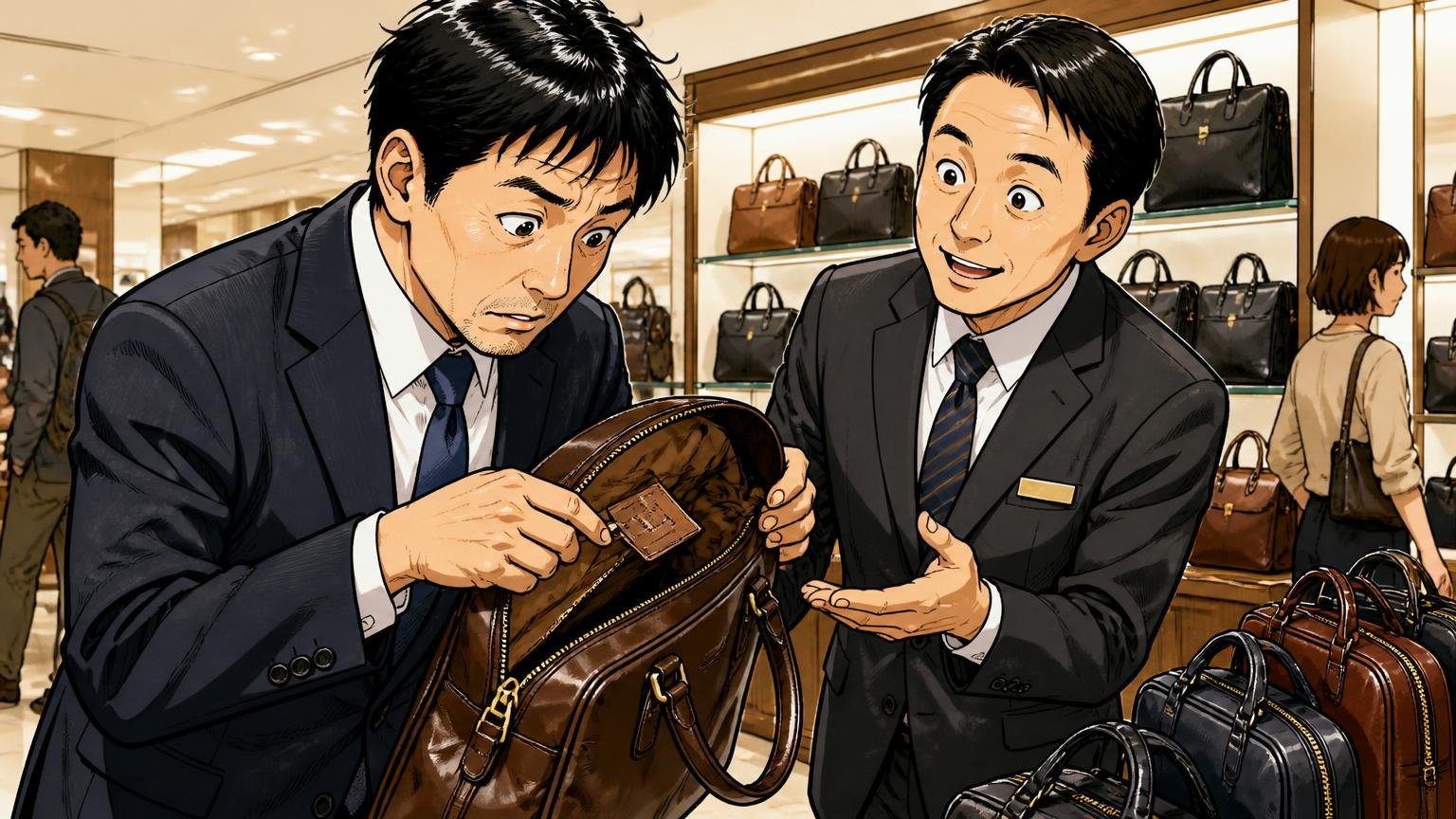 「誰が、どこで作ったか」は、ブランドのイメージではなく商品ごとに確かめる 百貨店の鞄売り場で革のビジネスバッグの内側タグを確かめる40代男性1人と店員