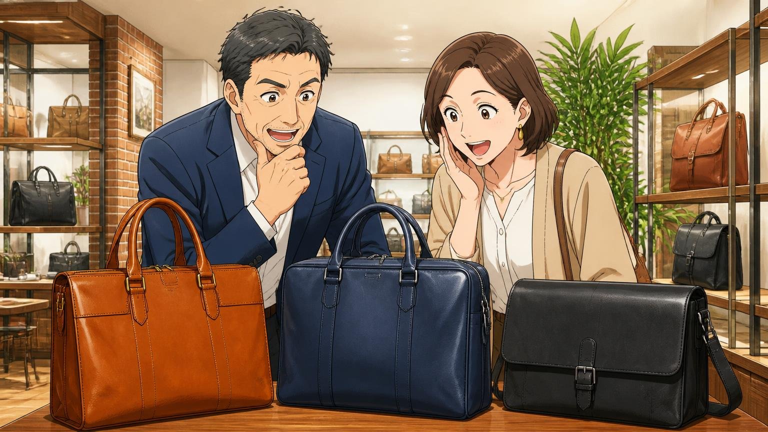 評判を調べ尽くした40代が最終候補に並べたい、日本製メンズ革バッグブランド3選、ショールームで3つの革バッグを見比べる40代夫婦