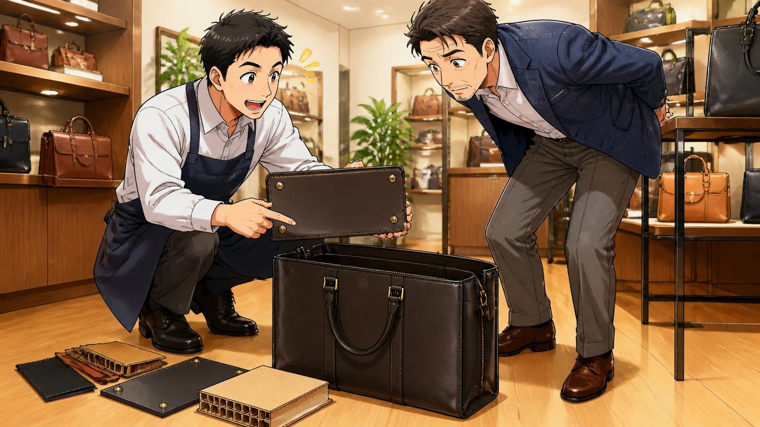 底鋲・底板・芯材・マチは仕様とショールームで確かめる、革製品のショールームで空の革のビジネスバッグを床に置き、店員と40代の男性が立ち姿を確かめる場面