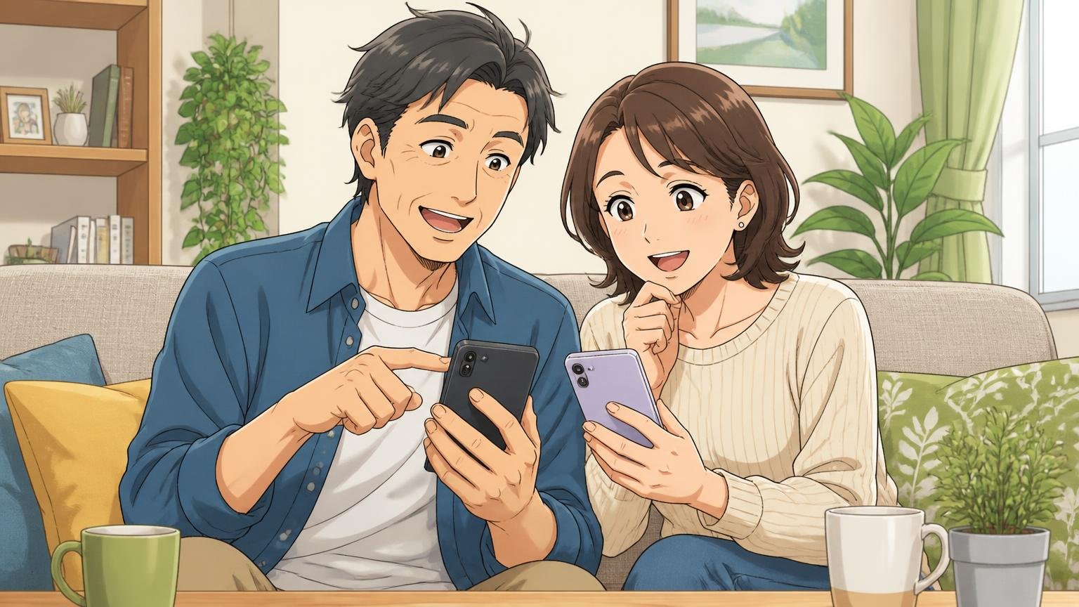 迷ったらまず日本製の3ブランドを公式サイトで見比べる、週末の自宅のソファでスマホを手に穏やかに微笑む40代夫婦2人
