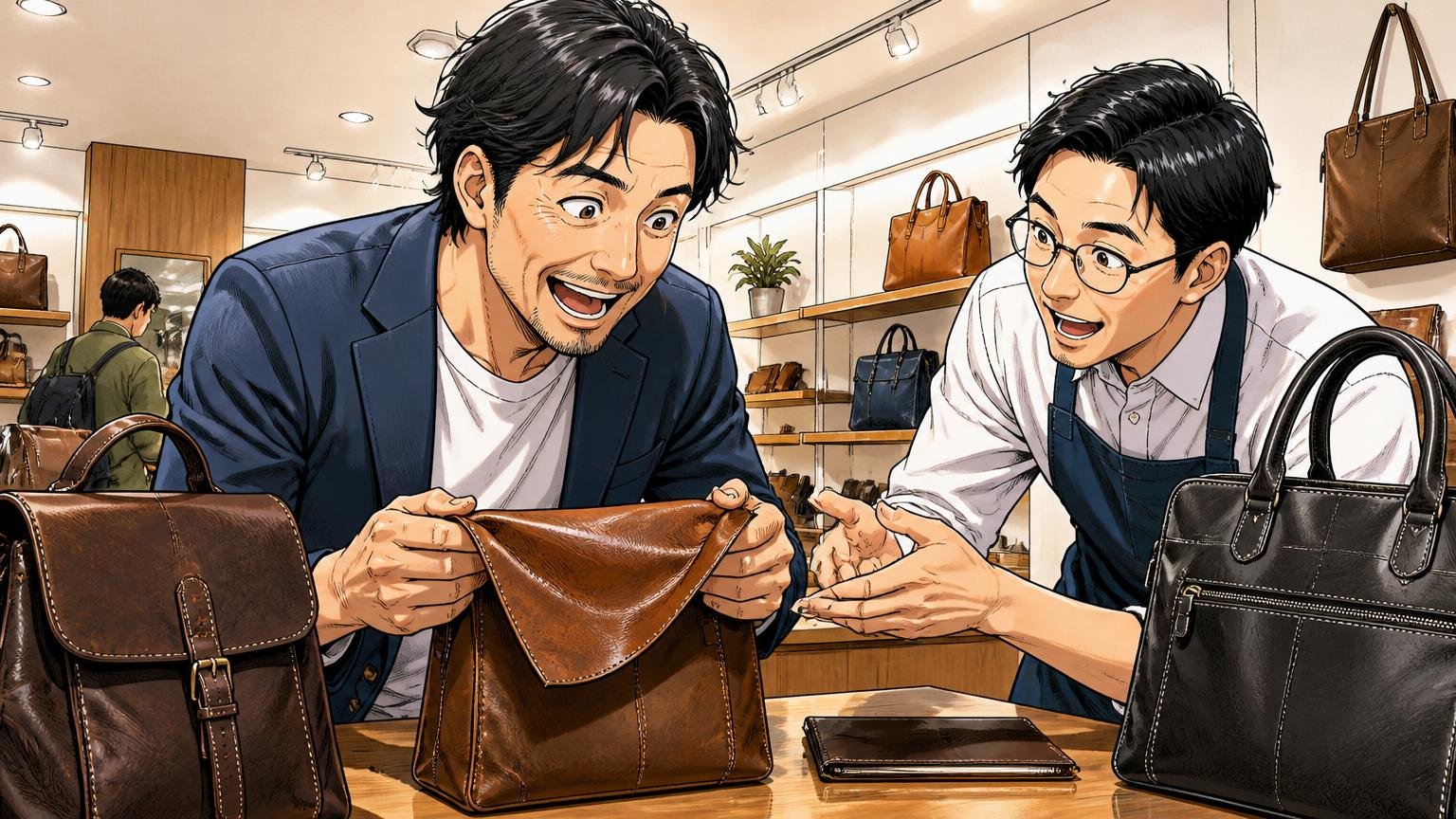 評判を調べ尽くした40代が最終候補に残したい、日本製のメンズ革バッグブランド3選。ショールームで男性が店員と革の質感を確かめる場面