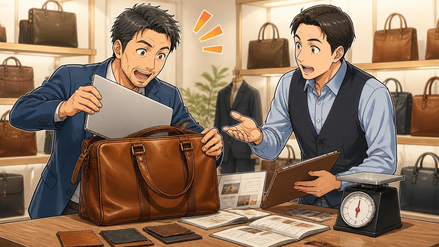 用途→革と重さ→実物→返品・修理条件の順に確かめる ショールームのテーブルで革バッグにノートパソコンを入れて重さを確かめる40代男性と店員の2人の場面
