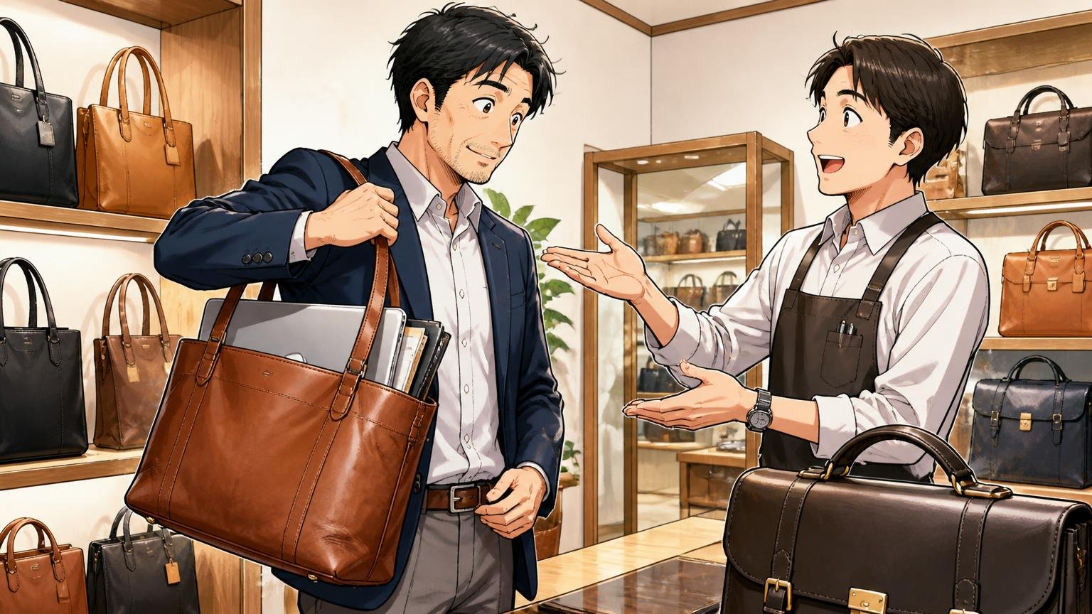直営店では「いつもの荷物を入れた状態」で持ち比べる、革バッグの店舗でノートパソコンと書類を詰めて肩にかけ確かめる40代男性と店員の2人