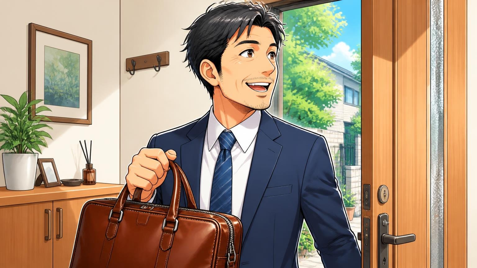 自分に合う日本製の1本を見つけたい40代へ 朝の玄関で新しい革のビジネスバッグを手に取る40代男性1人が晴れやかな笑顔で出かける場面